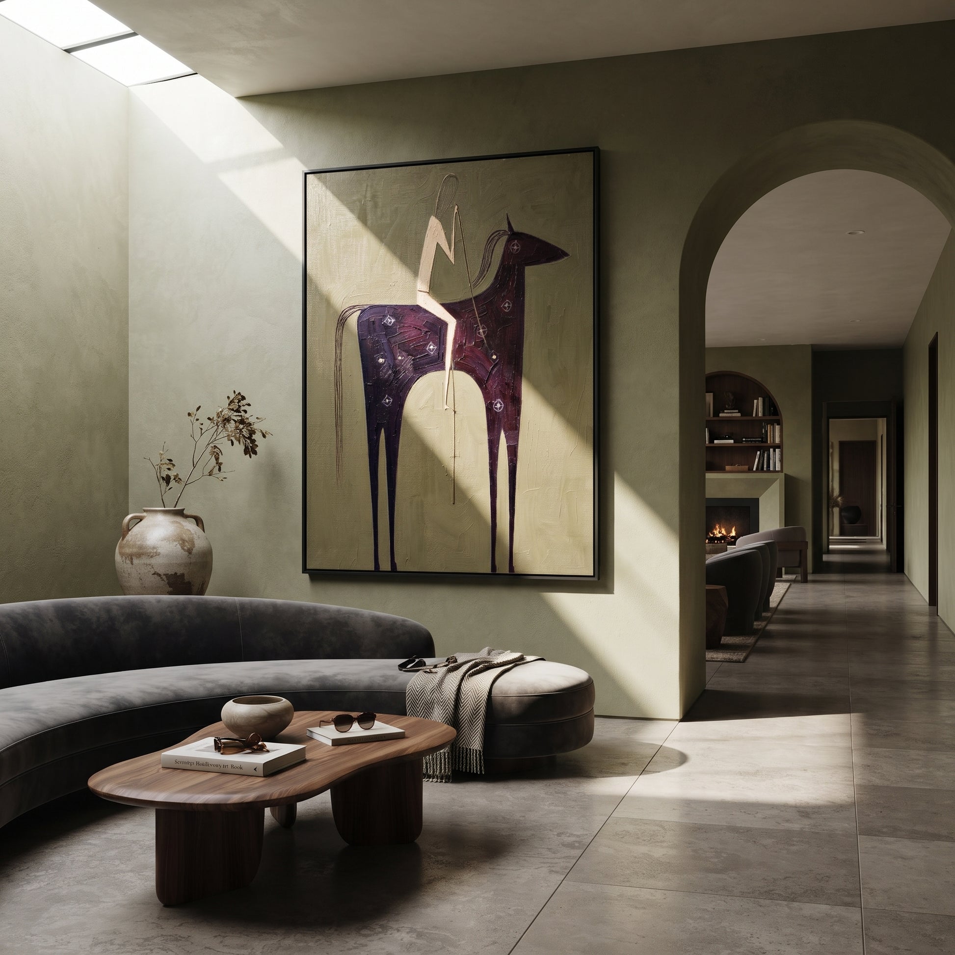 Dark Horse Holds Linen - minimal black horse rider painting by Elliot Vale, modern figurative vertical wall art - styled room scene view 3