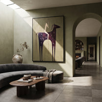 Dark Horse Holds Linen - minimal black horse rider painting by Elliot Vale, modern figurative vertical wall art - styled room scene view 3