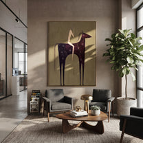 Dark Horse Holds Linen - minimal black horse rider painting by Elliot Vale, modern figurative vertical wall art - styled room scene view 4
