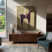 Dark Horse Holds Linen - minimal black horse rider painting by Elliot Vale, modern figurative vertical wall art - styled room scene view 5