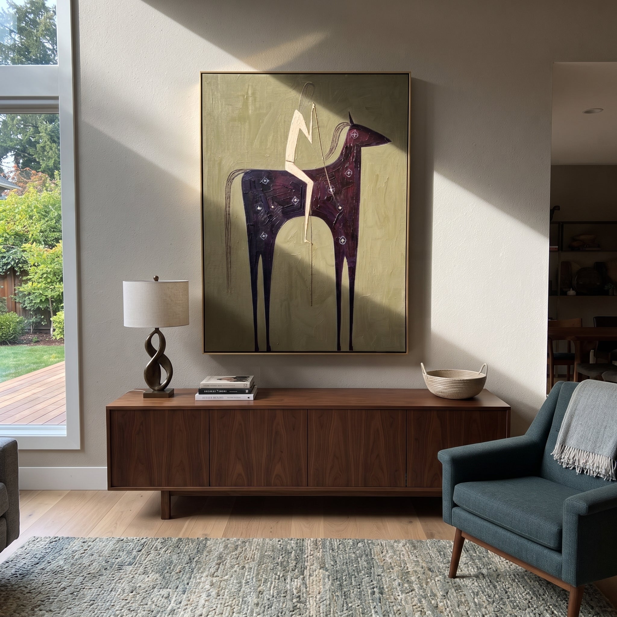 Dark Horse Holds Linen - minimal black horse rider painting by Elliot Vale, modern figurative vertical wall art - styled room scene view 5