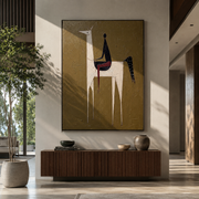 White Horse Lifts Midnight - tall white horse painting by Elliot Vale, modern figurative vertical wall art - styled room scene view 1