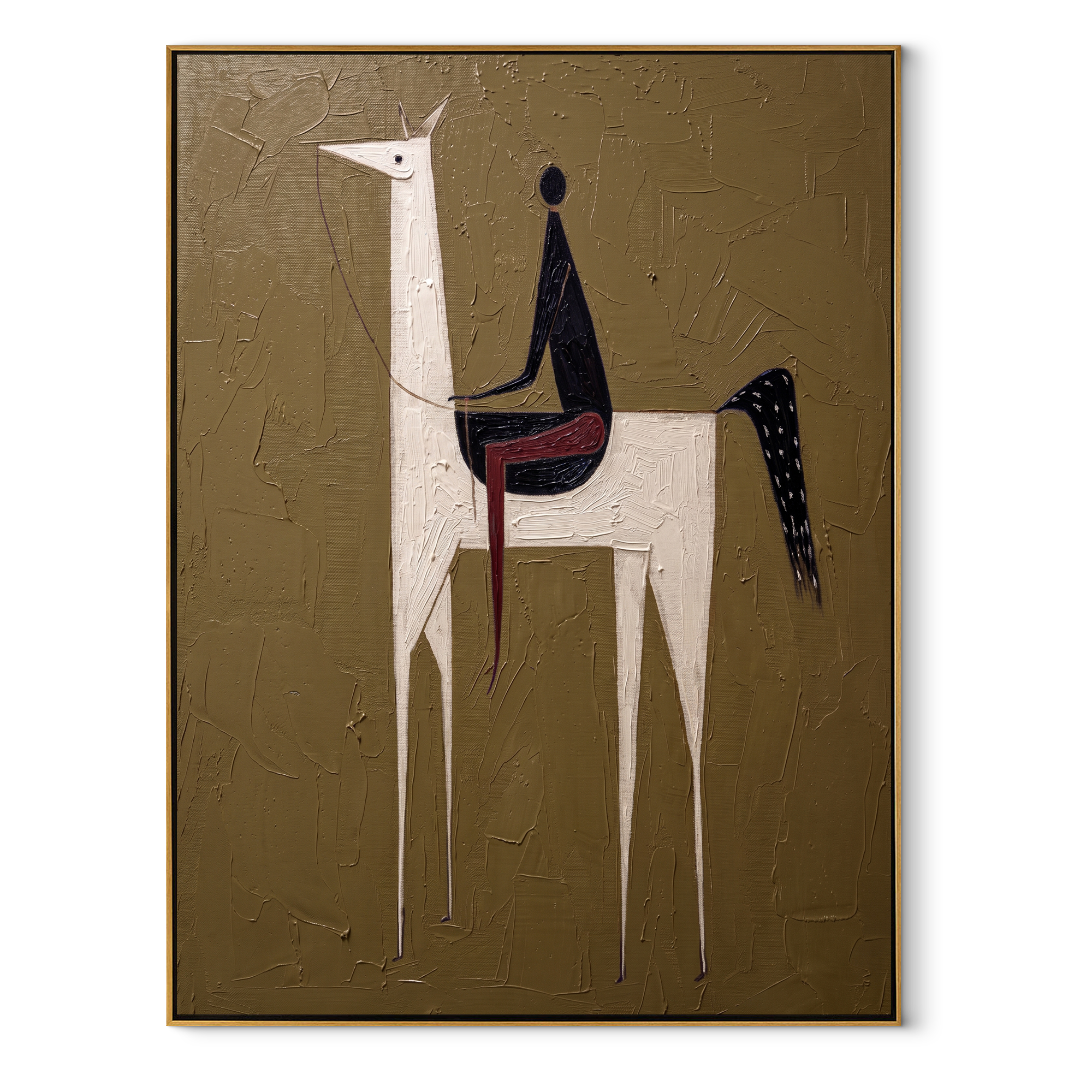 White Horse Lifts Midnight - tall white horse painting by Elliot Vale, modern figurative vertical wall art - wood frame on white background
