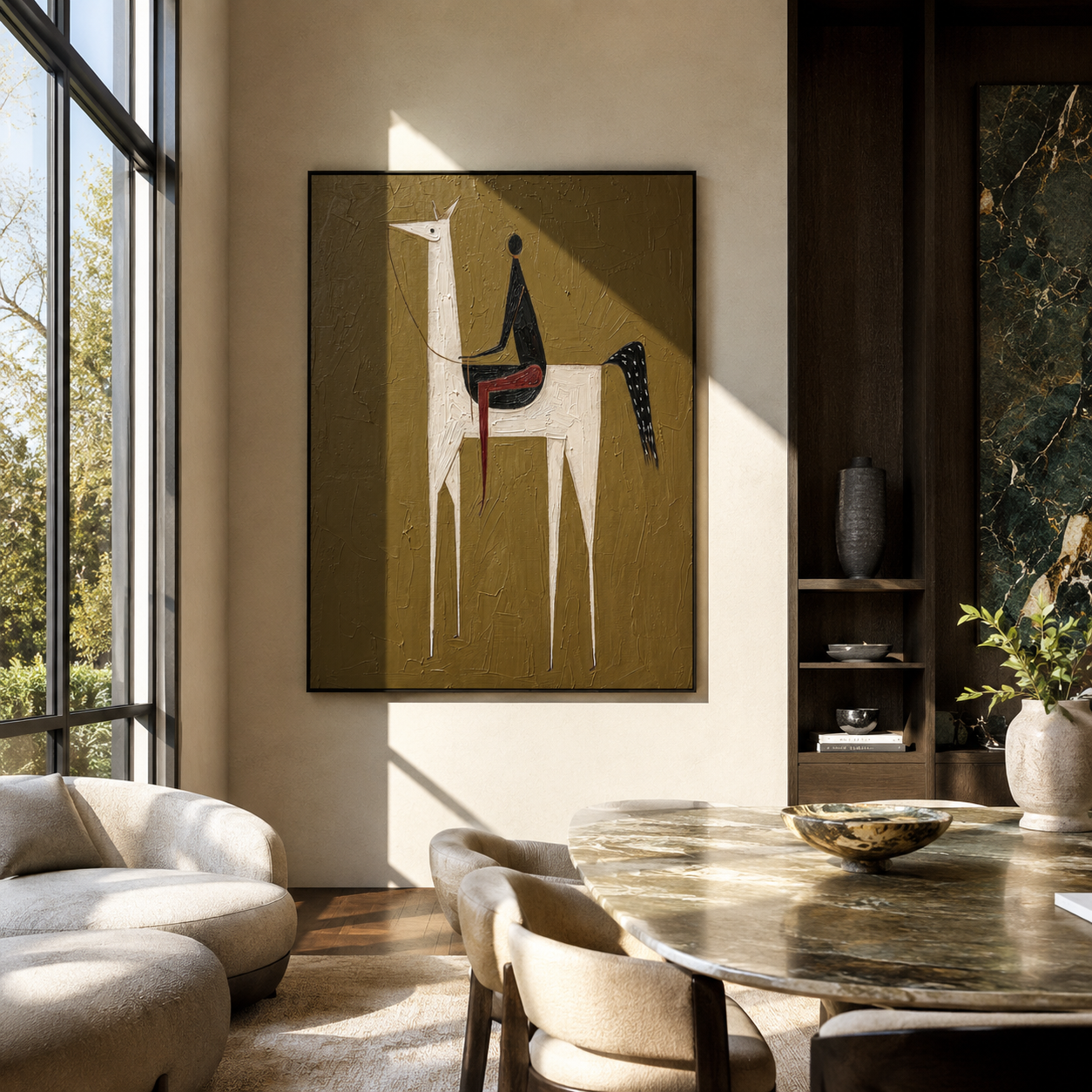 White Horse Lifts Midnight - tall white horse painting by Elliot Vale, modern figurative vertical wall art - styled room scene view 2