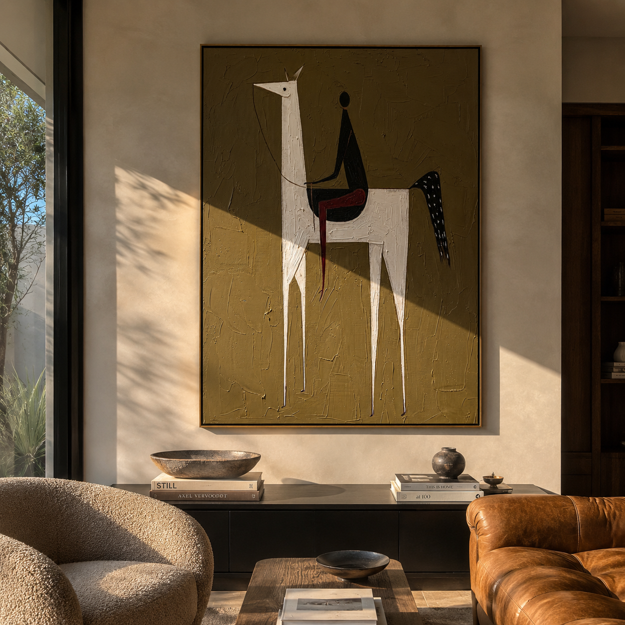 White Horse Lifts Midnight - tall white horse painting by Elliot Vale, modern figurative vertical wall art - styled room scene view 3