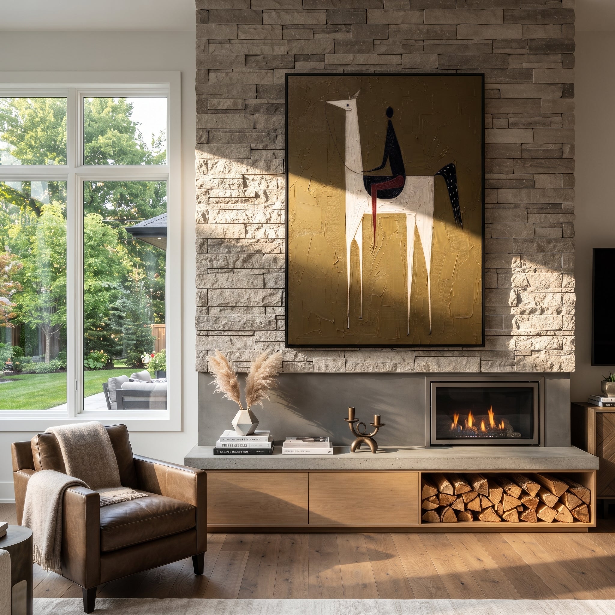 White Horse Lifts Midnight - tall white horse painting by Elliot Vale, modern figurative vertical wall art - styled room scene view 4