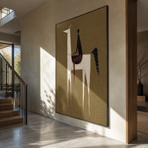 White Horse Lifts Midnight - tall white horse painting by Elliot Vale, modern figurative vertical wall art - styled room scene view 5