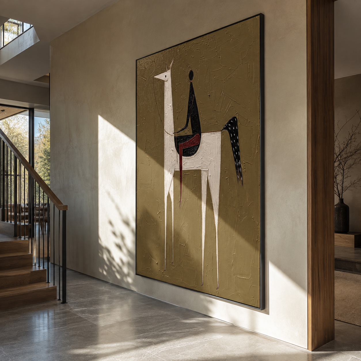 White Horse Lifts Midnight - tall white horse painting by Elliot Vale, modern figurative vertical wall art - styled room scene view 5
