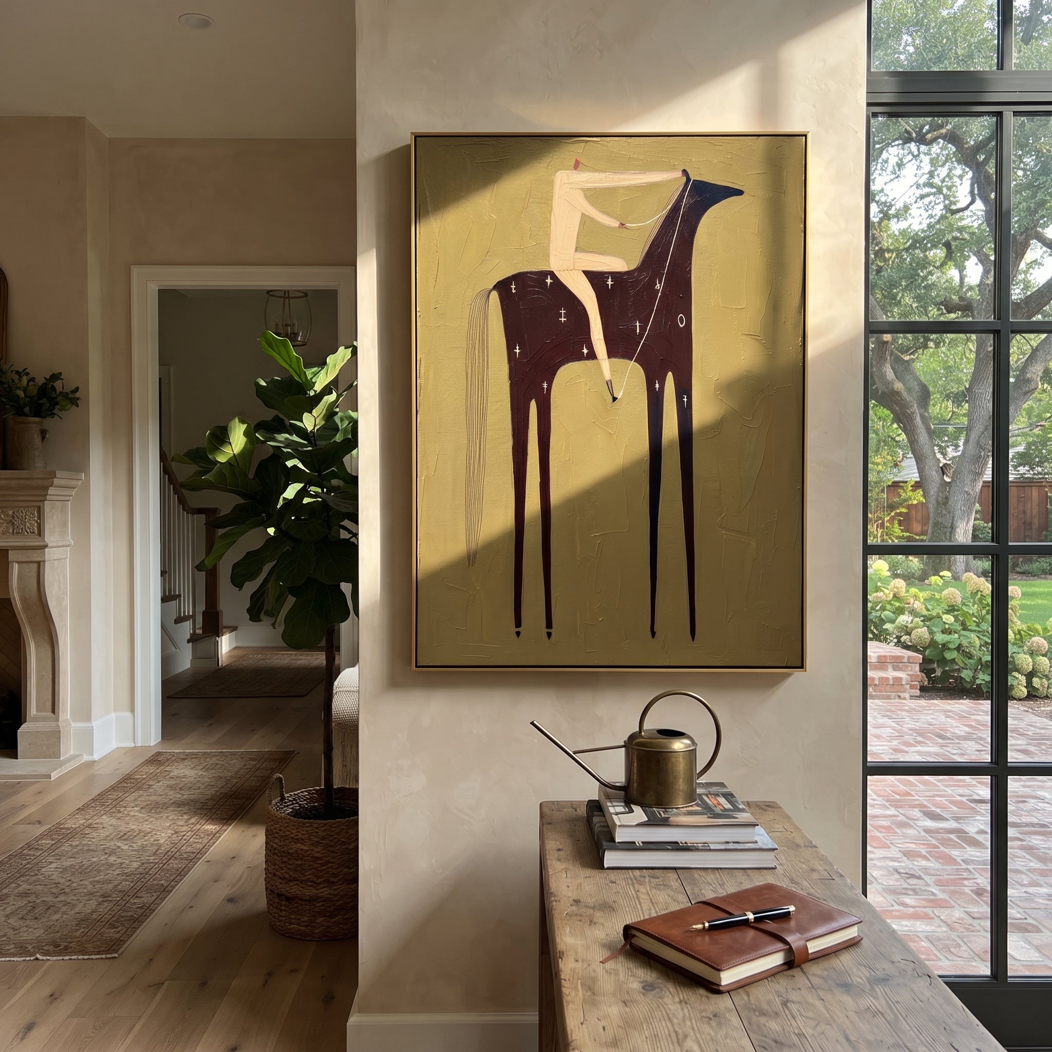 Black Horse Bears Quiet - minimal black horse rider painting by Elliot Vale, modern figurative vertical wall art - styled room scene view 1