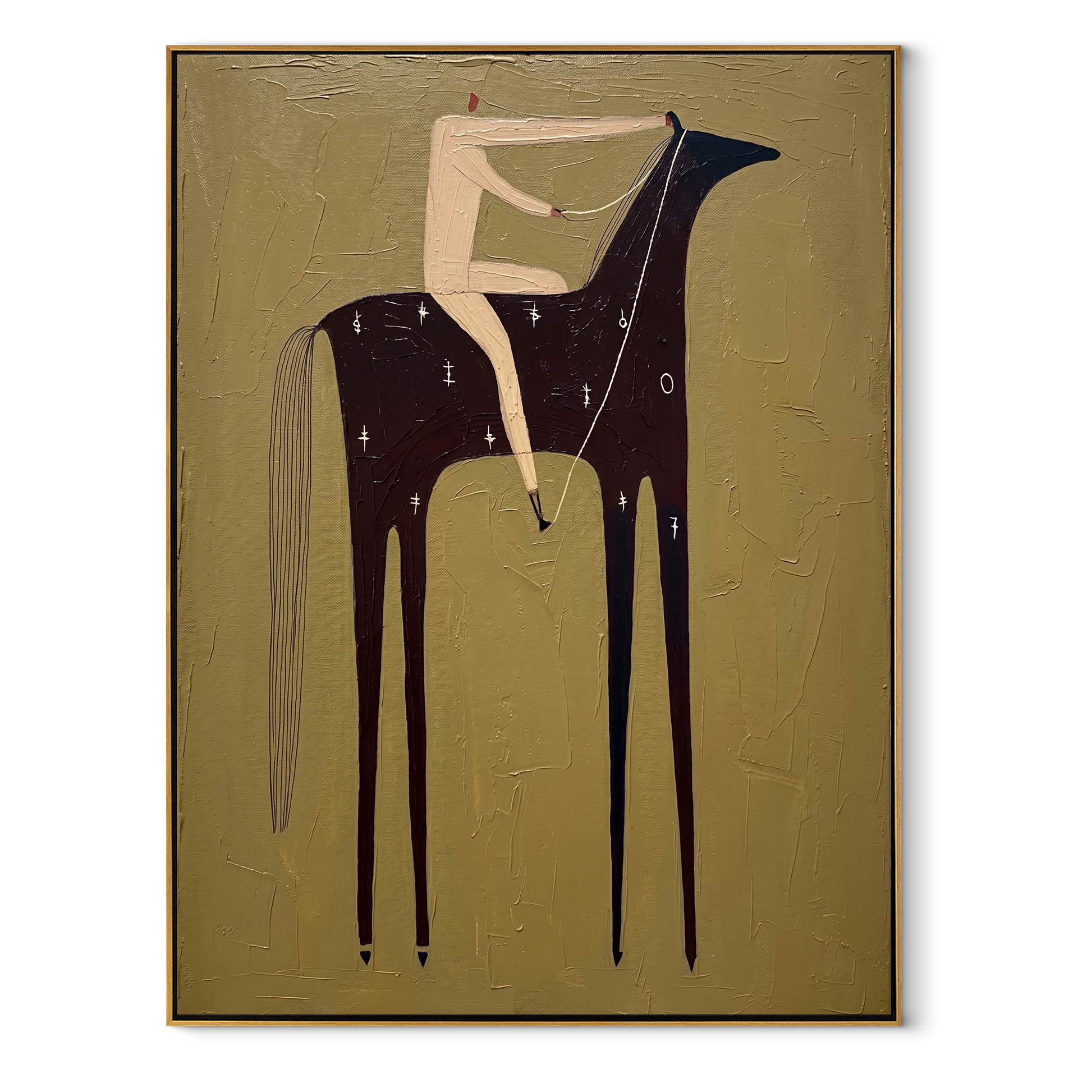 Black Horse Bears Quiet - minimal black horse rider painting by Elliot Vale, modern figurative vertical wall art - wood frame on white background