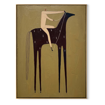 Black Horse Bears Quiet - minimal black horse rider painting by Elliot Vale, modern figurative vertical wall art - wood frame on white background