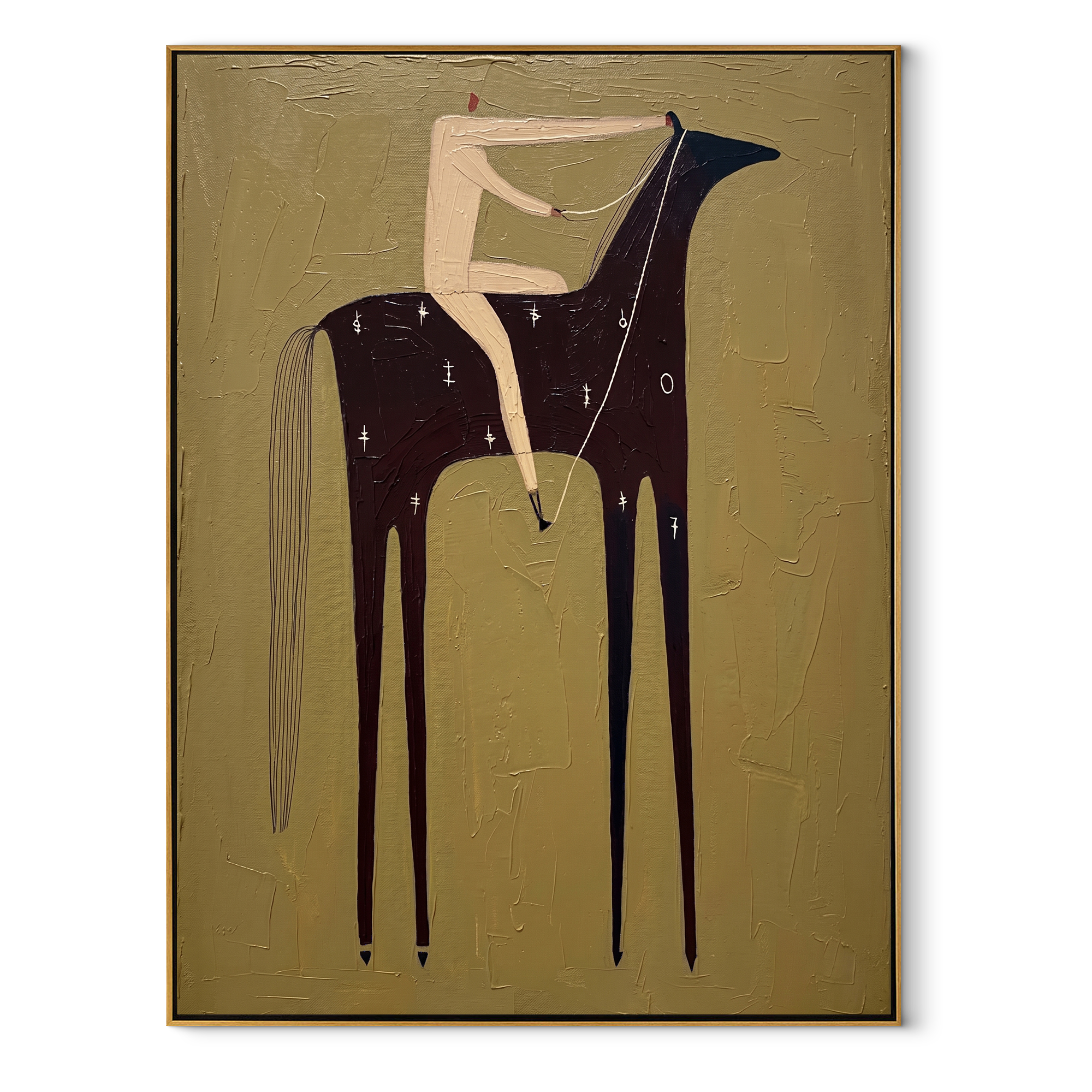 Black Horse Bears Quiet - minimal black horse rider painting by Elliot Vale, modern figurative vertical wall art - wood frame on white background