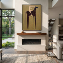 Black Horse Bears Quiet - minimal black horse rider painting by Elliot Vale, modern figurative vertical wall art - styled room scene view 2