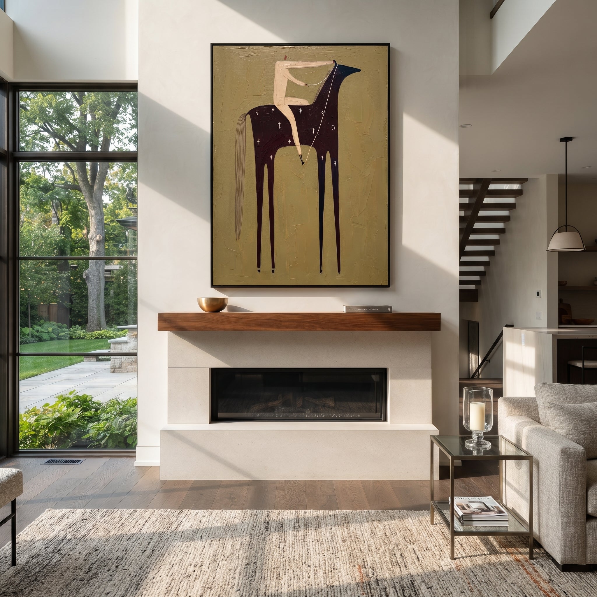 Black Horse Bears Quiet - minimal black horse rider painting by Elliot Vale, modern figurative vertical wall art - styled room scene view 2