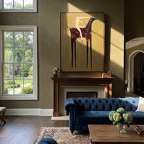 Black Horse Bears Quiet - minimal black horse rider painting by Elliot Vale, modern figurative vertical wall art - styled room scene view 3