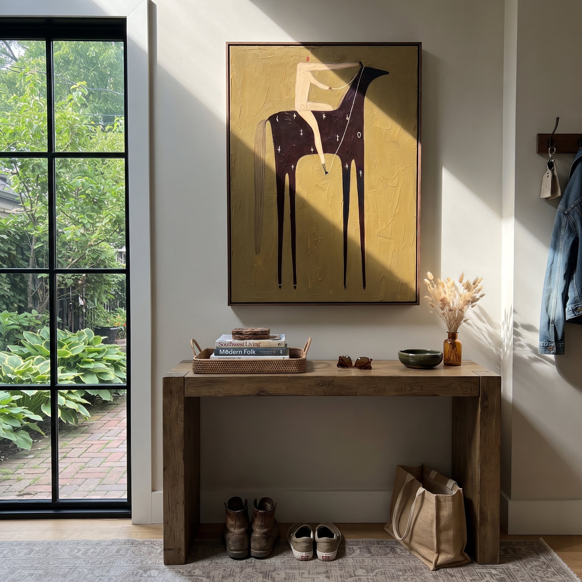 Black Horse Bears Quiet - minimal black horse rider painting by Elliot Vale, modern figurative vertical wall art - styled room scene view 4