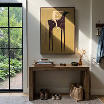 Black Horse Bears Quiet - minimal black horse rider painting by Elliot Vale, modern figurative vertical wall art - styled room scene view 4