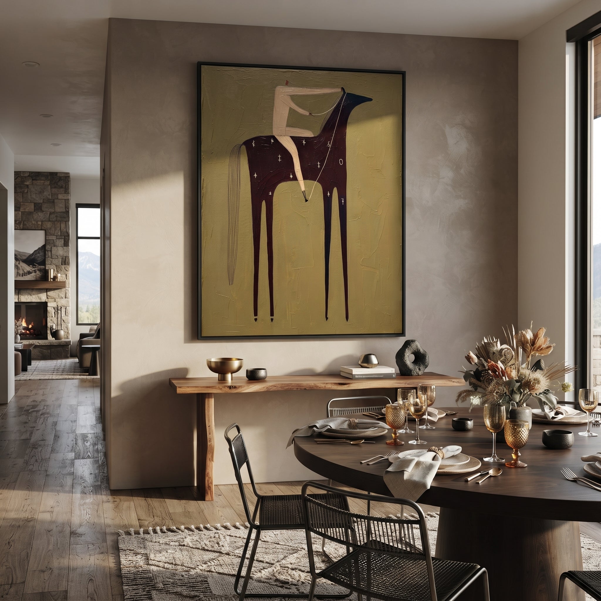 Black Horse Bears Quiet - minimal black horse rider painting by Elliot Vale, modern figurative vertical wall art - styled room scene view 5