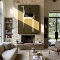 Pale Horse Carries Wine - minimal white horse rider painting by Elliot Vale, modern figurative vertical wall art - styled room scene view 1