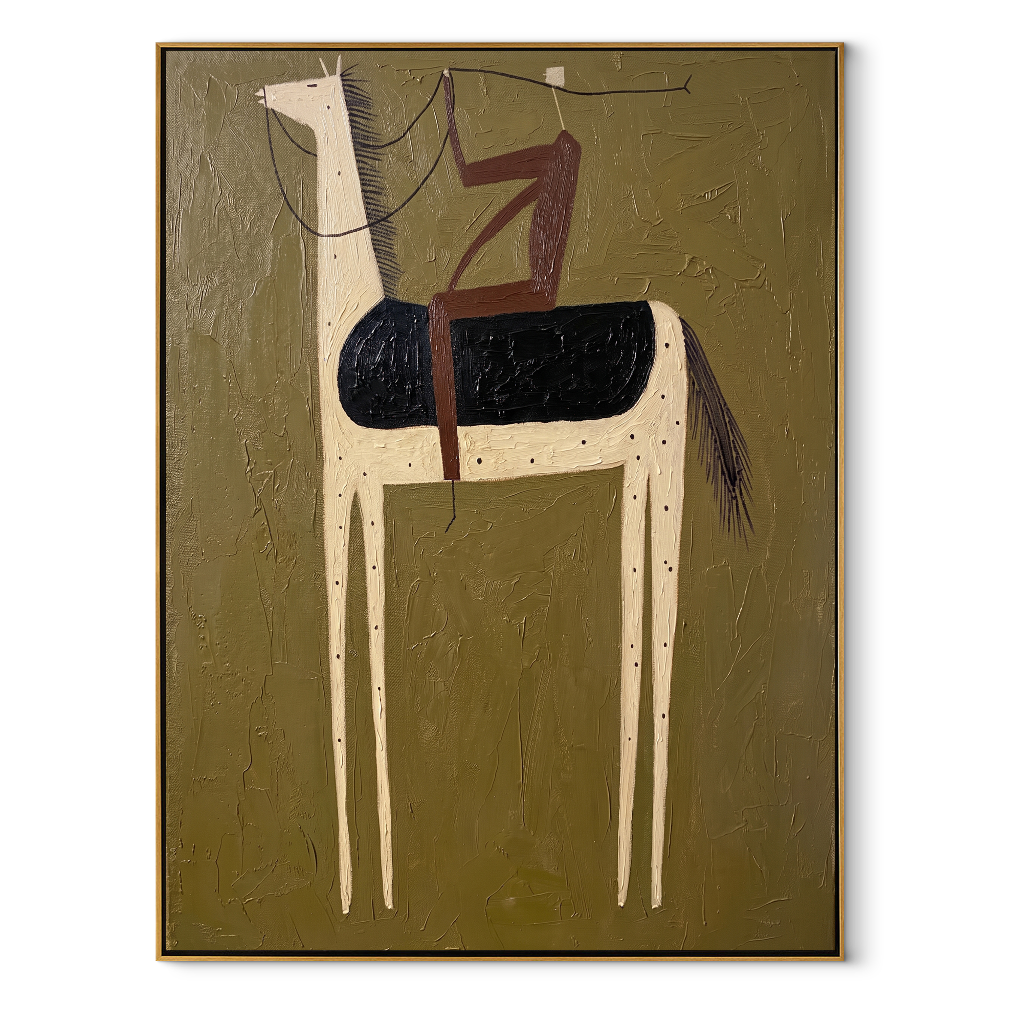 Pale Horse Carries Wine - minimal white horse rider painting by Elliot Vale, modern figurative vertical wall art - wood frame on white background