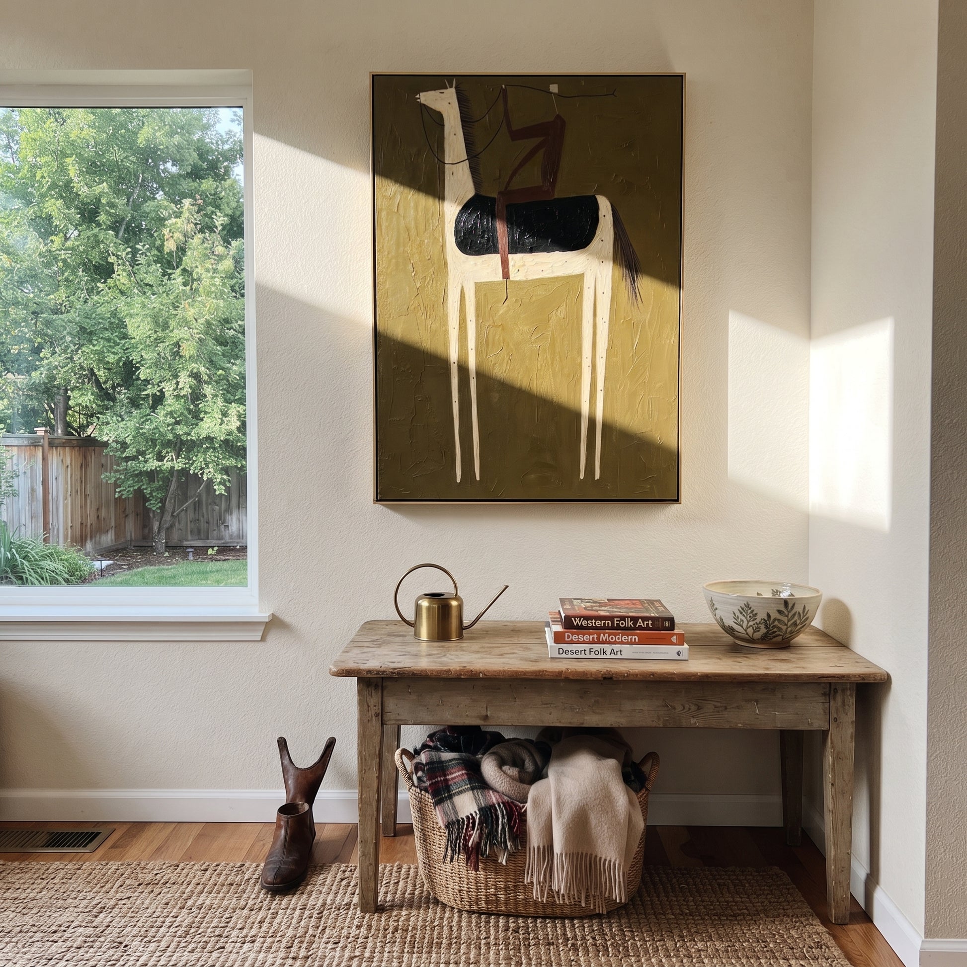 Pale Horse Carries Wine - minimal white horse rider painting by Elliot Vale, modern figurative vertical wall art - styled room scene view 3