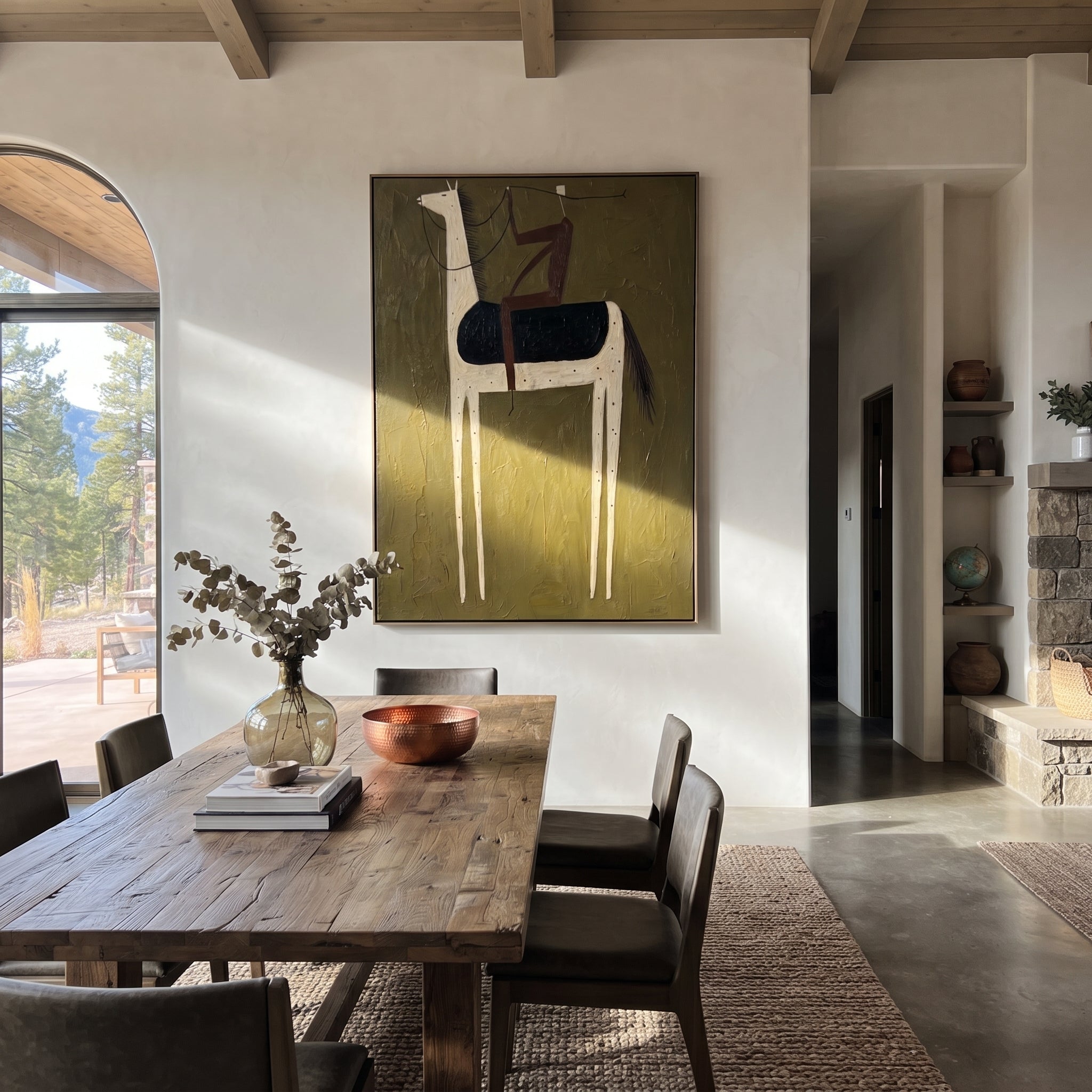 Pale Horse Carries Wine - minimal white horse rider painting by Elliot Vale, modern figurative vertical wall art - styled room scene view 4