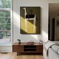 Pale Horse Carries Wine - minimal white horse rider painting by Elliot Vale, modern figurative vertical wall art - styled room scene view 5