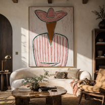 Pink Brim Folds Stillness - pink striped cowboy painting by Elliot Vale, modern figurative vertical wall art - styled room scene view 1