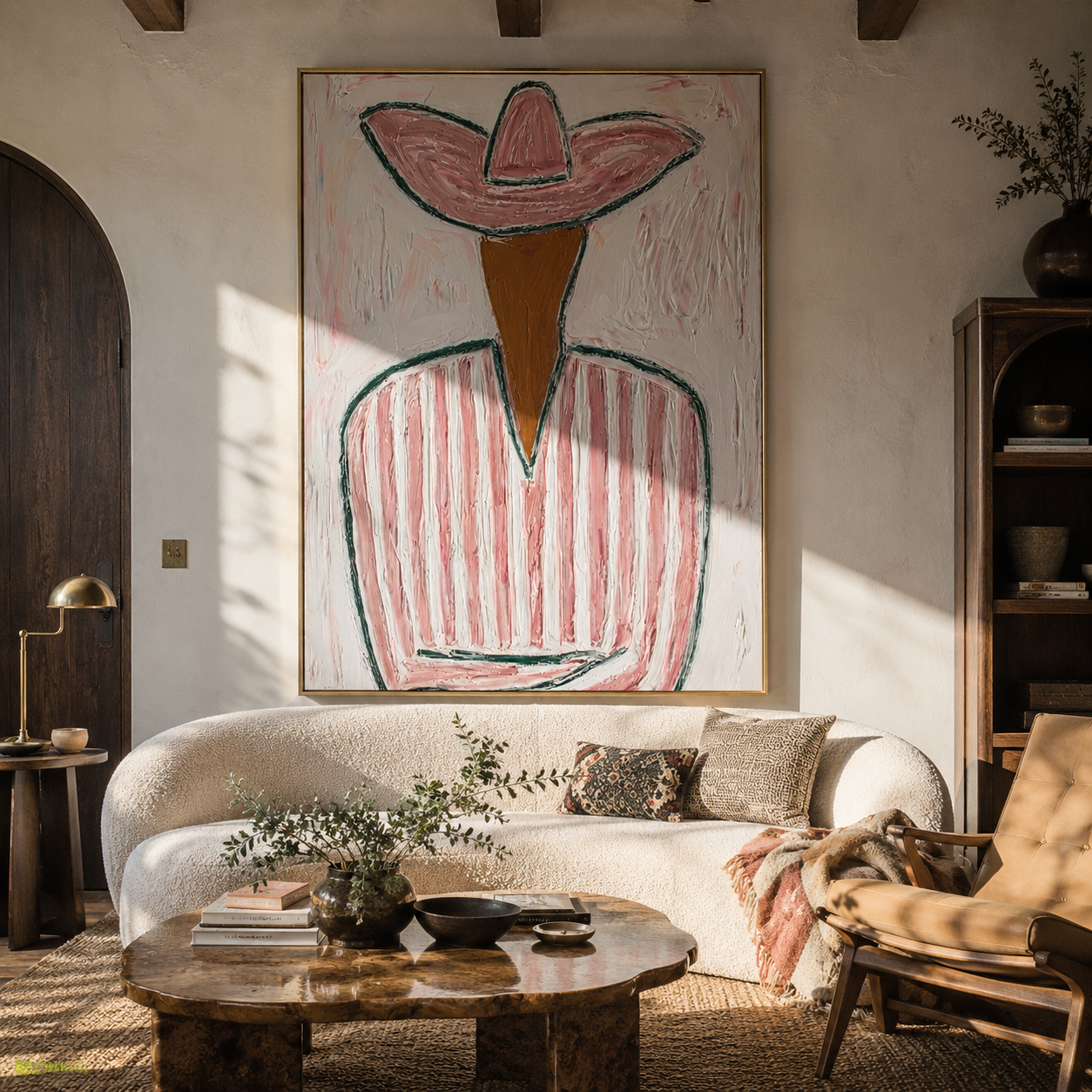 Pink Brim Folds Stillness - pink striped cowboy painting by Elliot Vale, modern figurative vertical wall art - styled room scene view 1