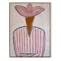 Pink Brim Folds Stillness - pink striped cowboy painting by Elliot Vale, modern figurative vertical wall art - wood frame on white background