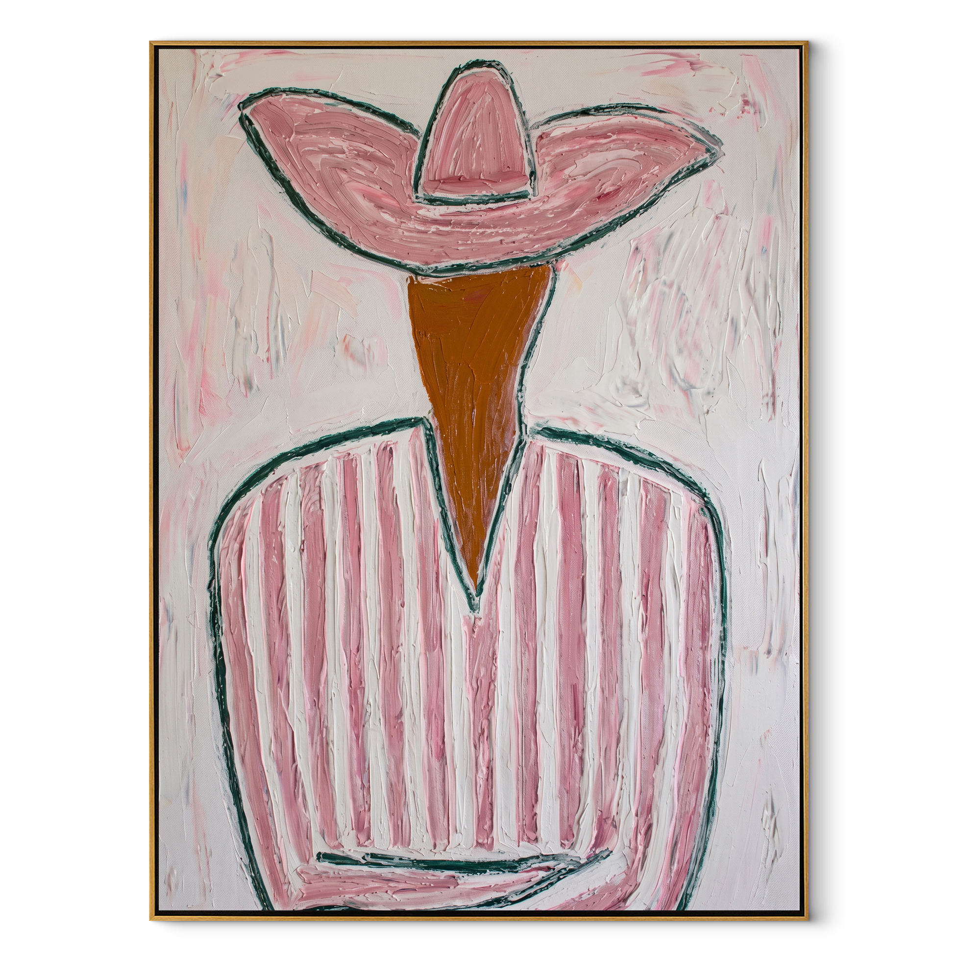 Pink Brim Folds Stillness - pink striped cowboy painting by Elliot Vale, modern figurative vertical wall art - wood frame on white background