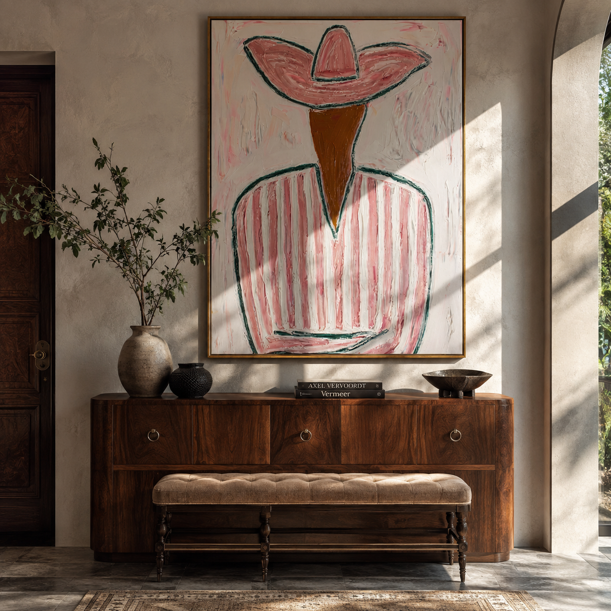 Pink Brim Folds Stillness - pink striped cowboy painting by Elliot Vale, modern figurative vertical wall art - styled room scene view 2