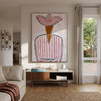 Pink Brim Folds Stillness - pink striped cowboy painting by Elliot Vale, modern figurative vertical wall art - styled room scene view 3