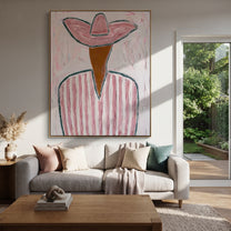 Pink Brim Folds Stillness - pink striped cowboy painting by Elliot Vale, modern figurative vertical wall art - styled room scene view 4