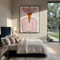 Pink Brim Folds Stillness - pink striped cowboy painting by Elliot Vale, modern figurative vertical wall art - styled room scene view 5