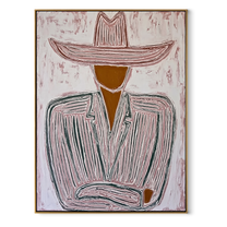 Rose Hat Waits Quietly - seated pink hat figure painting by Elliot Vale, modern figurative vertical wall art - wood frame on white background