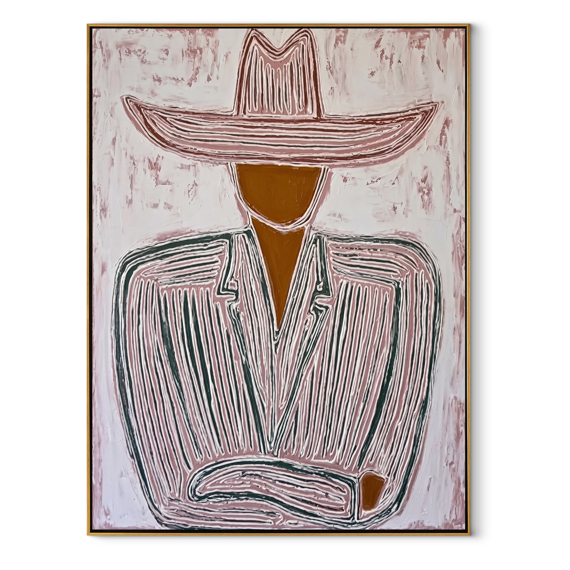 Rose Hat Waits Quietly - seated pink hat figure painting by Elliot Vale, modern figurative vertical wall art - wood frame on white background