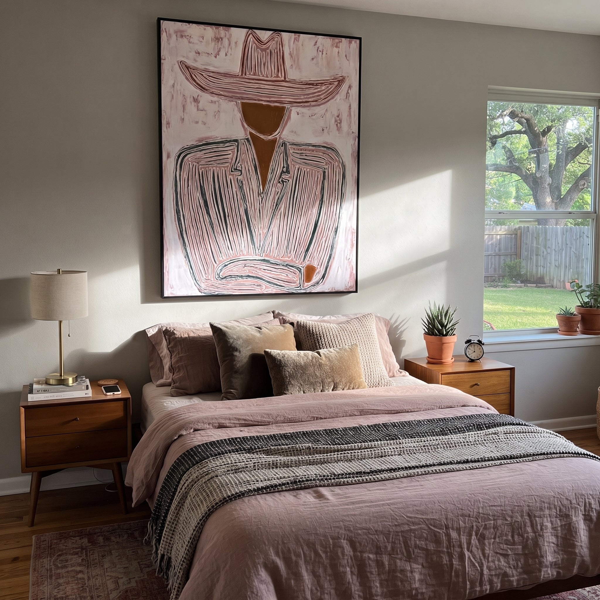 Rose Hat Waits Quietly - seated pink hat figure painting by Elliot Vale, modern figurative vertical wall art - styled room scene view 2
