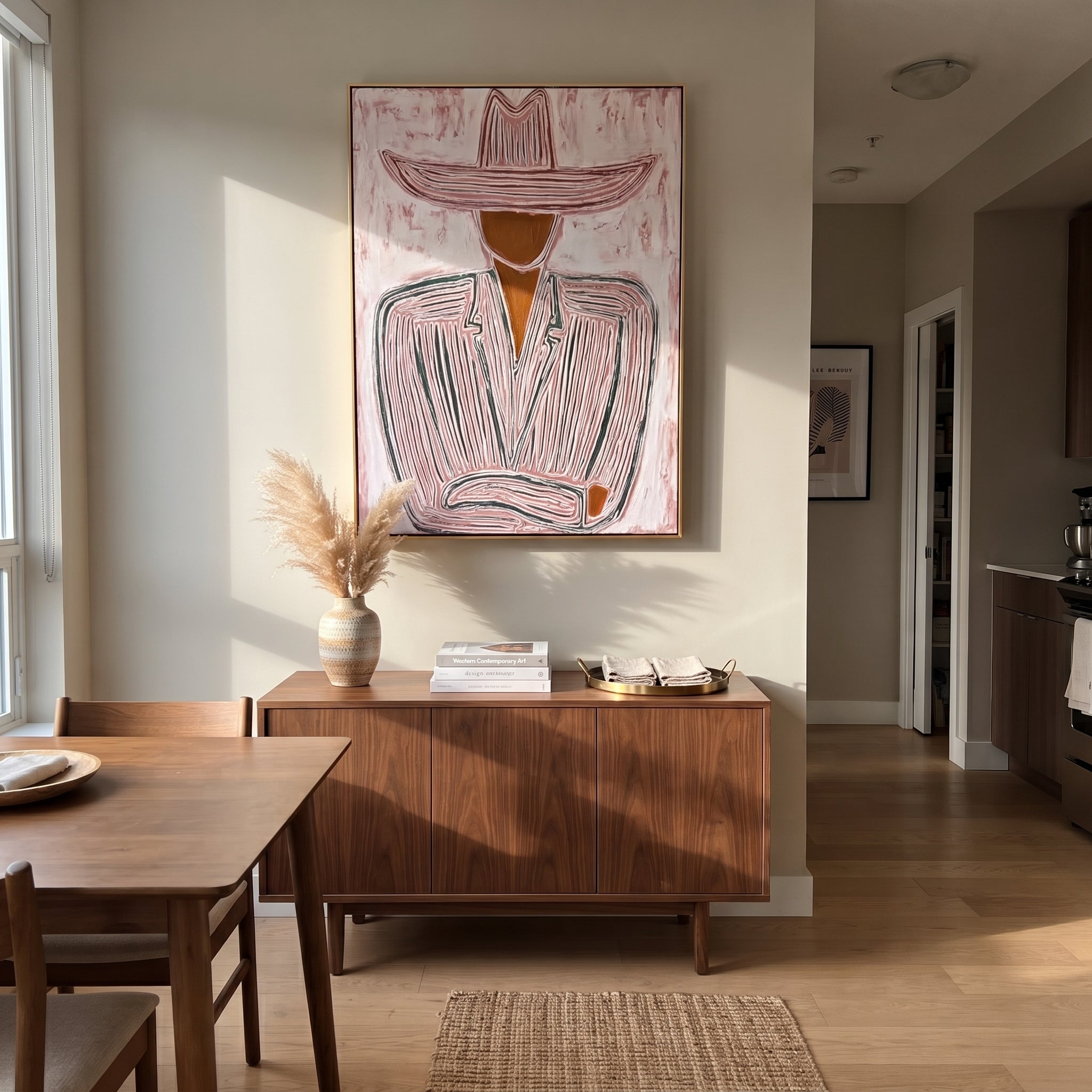 Rose Hat Waits Quietly - seated pink hat figure painting by Elliot Vale, modern figurative vertical wall art - styled room scene view 3