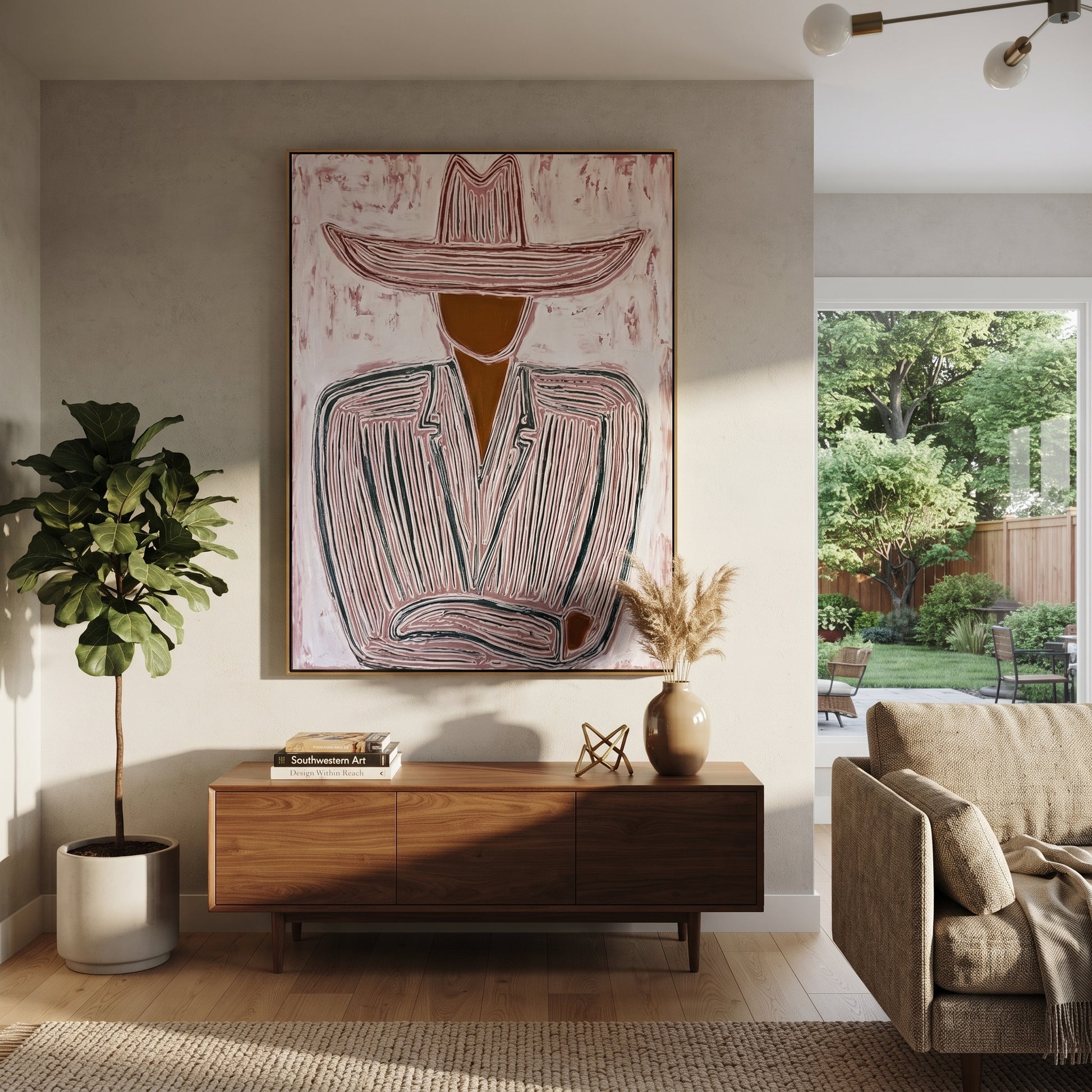 Rose Hat Waits Quietly - seated pink hat figure painting by Elliot Vale, modern figurative vertical wall art - styled room scene view 4