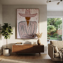 Rose Hat Waits Quietly - seated pink hat figure painting by Elliot Vale, modern figurative vertical wall art - styled room scene view 4