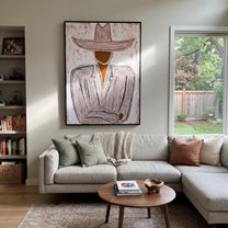 Rose Hat Waits Quietly - seated pink hat figure painting by Elliot Vale, modern figurative vertical wall art - styled room scene view 5