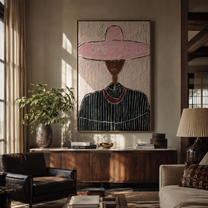 Pink Circle Crowns Green - green pinstripe figure painting by Elliot Vale, modern figurative vertical wall art - styled room scene view 1