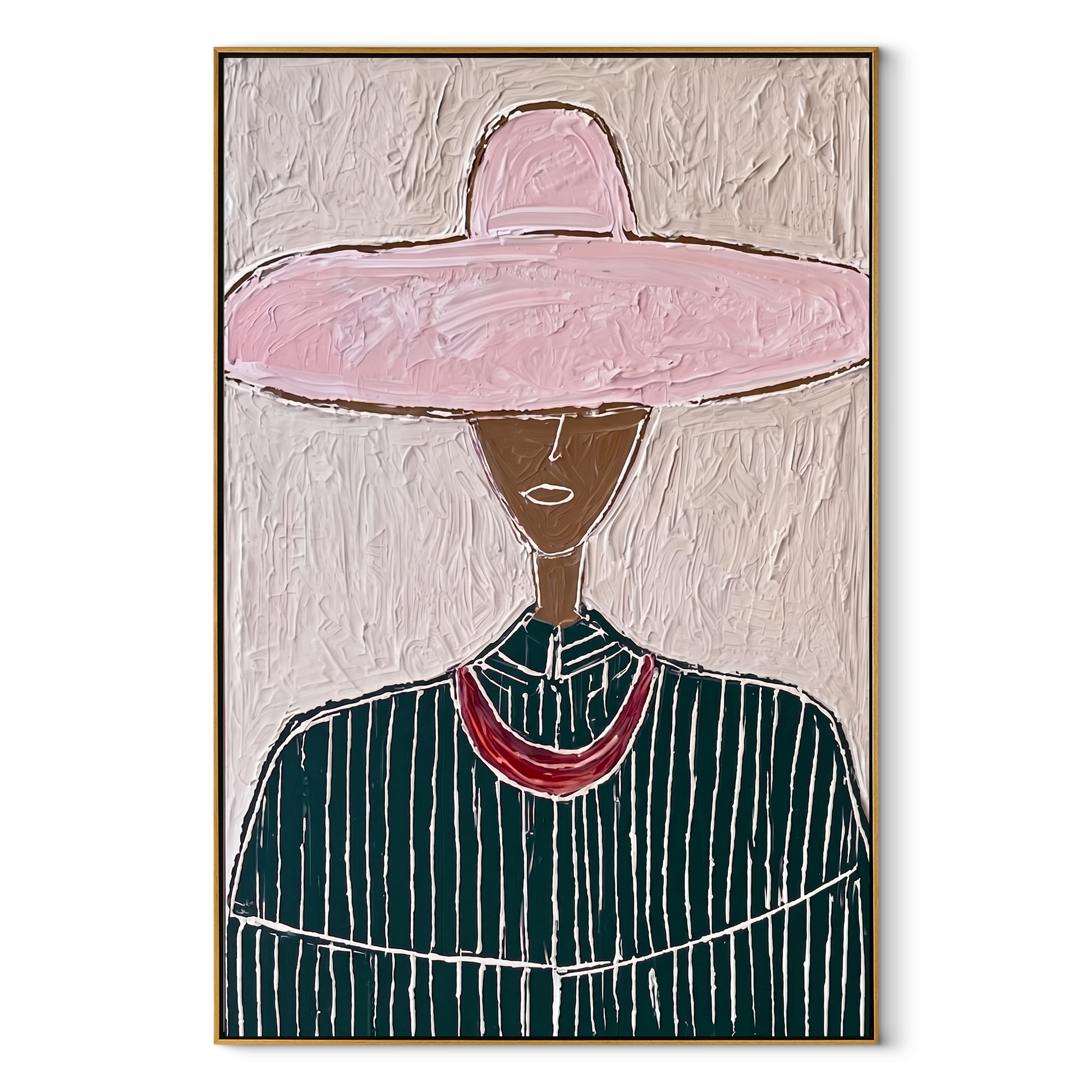 Pink Circle Crowns Green - green pinstripe figure painting by Elliot Vale, modern figurative vertical wall art - wood frame on white background