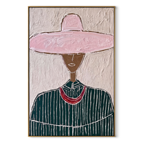 Pink Circle Crowns Green - green pinstripe figure painting by Elliot Vale, modern figurative vertical wall art - wood frame on white background