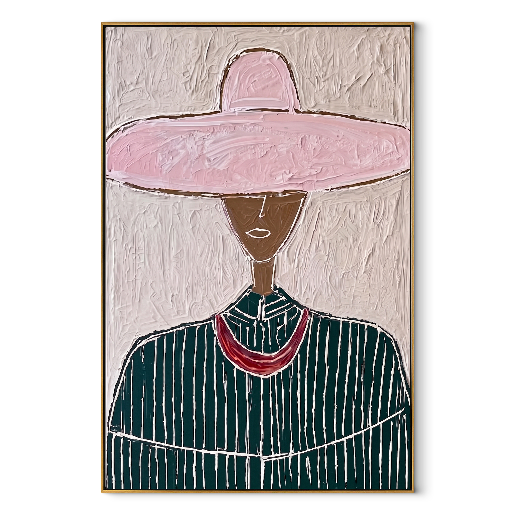 Pink Circle Crowns Green - green pinstripe figure painting by Elliot Vale, modern figurative vertical wall art - wood frame on white background