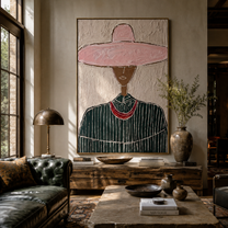 Pink Circle Crowns Green - green pinstripe figure painting by Elliot Vale, modern figurative vertical wall art - styled room scene view 2