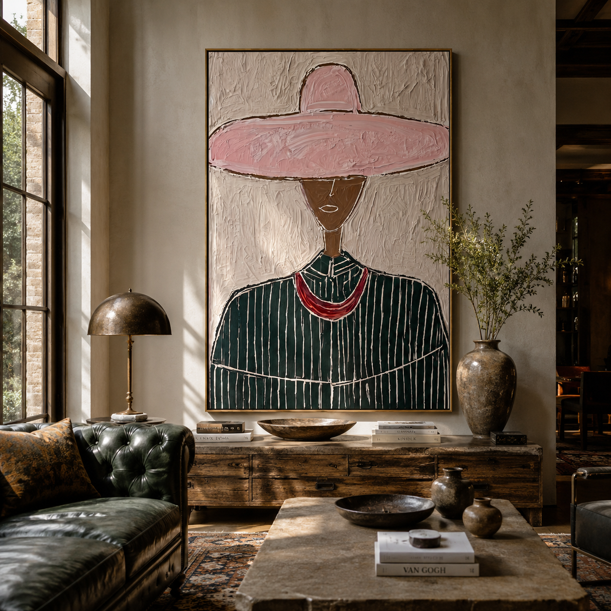 Pink Circle Crowns Green - green pinstripe figure painting by Elliot Vale, modern figurative vertical wall art - styled room scene view 2