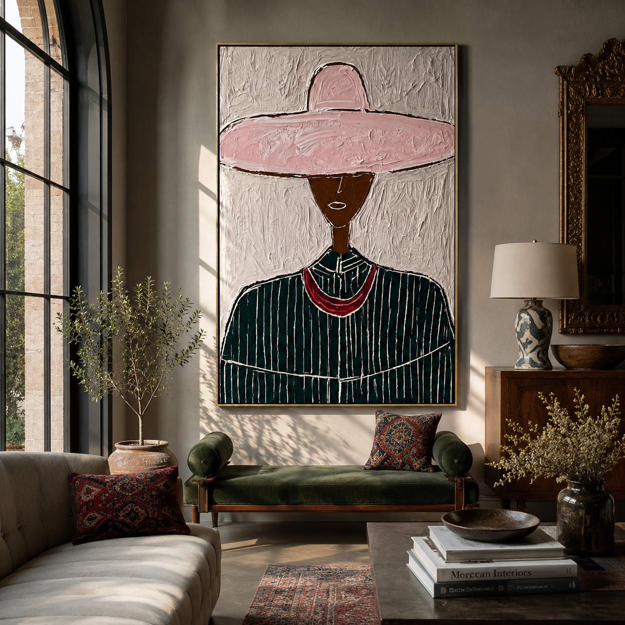 Pink Circle Crowns Green - green pinstripe figure painting by Elliot Vale, modern figurative vertical wall art - styled room scene view 3