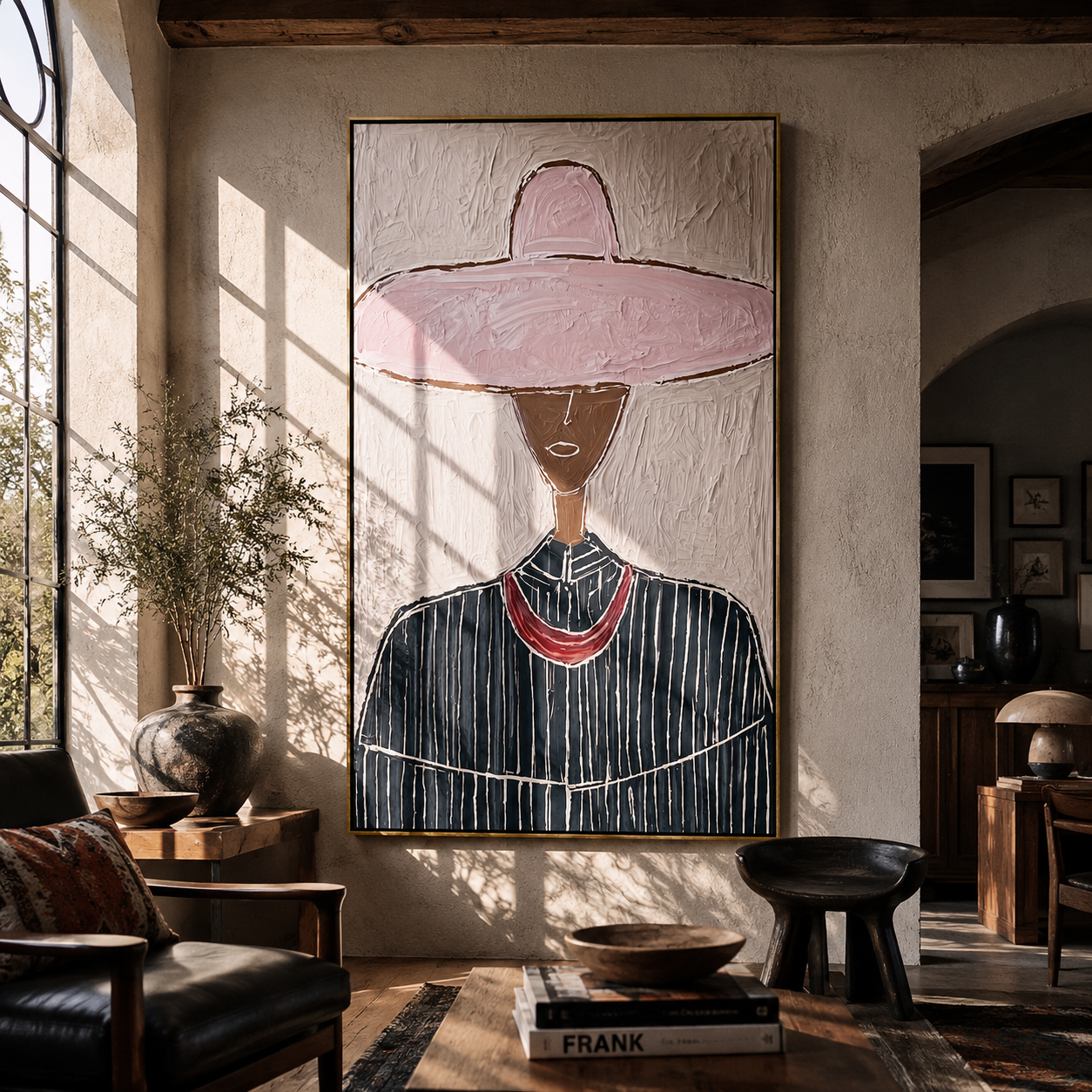Pink Circle Crowns Green - green pinstripe figure painting by Elliot Vale, modern figurative vertical wall art - styled room scene view 4